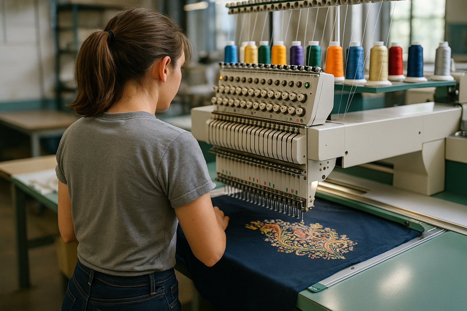 PICTURE OF A BACK OF A GIRL WORKING WITH A COMMERCIAL EMBROIDERY MACHINE 